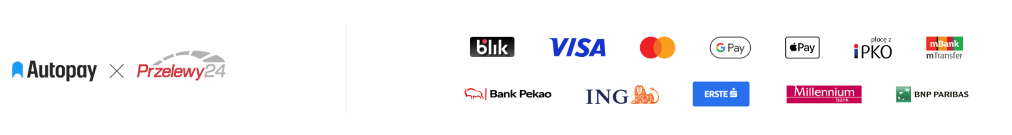 Dostępne metody płatności: Autopay, Przelewy24, BLIK, Visa, Mastercard, Google Pay, Apple Pay, iPKO, mBank mTransfer, Bank Pekao, ING, ERSTE, Millennium, BNP Paribas